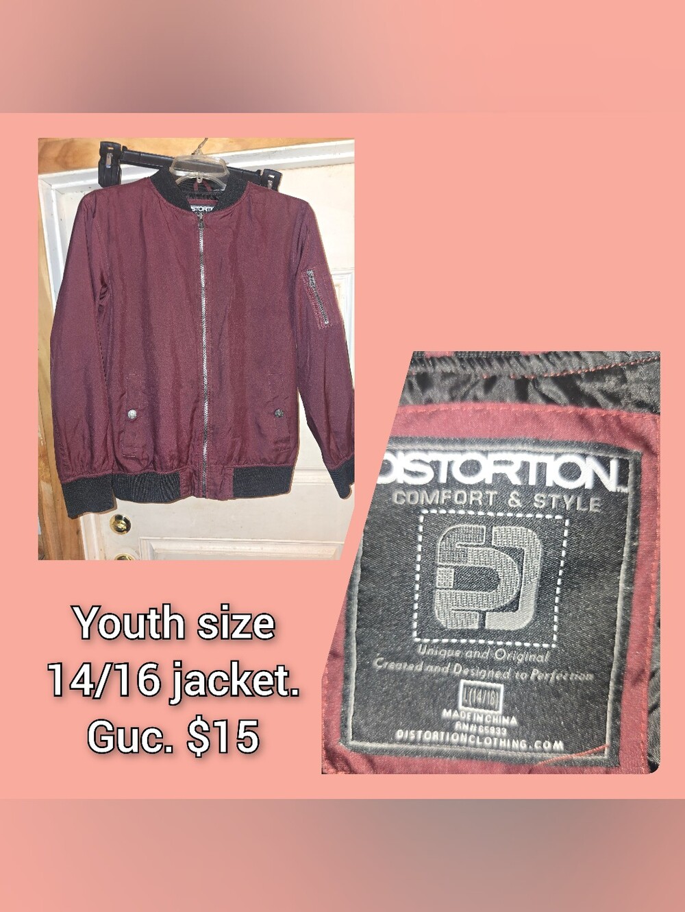 Distortion Youth Bomber Jacket - Maroon